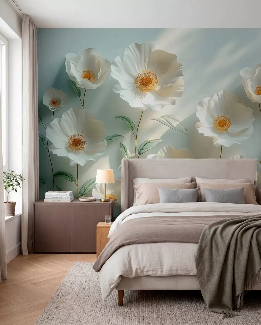 murales de pared Amapolas blancas contra una pared con luz solar y efecto 3D w01339