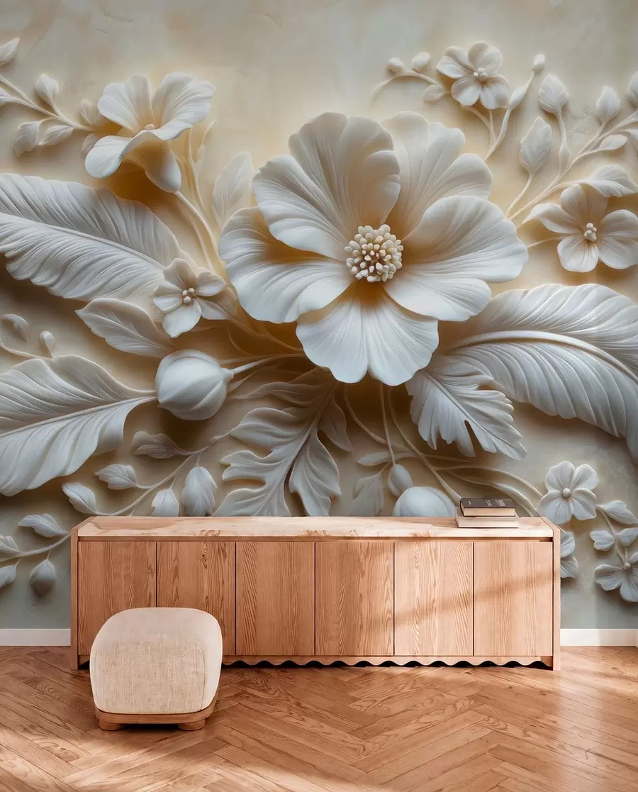 murales de pared Arte de pared en relieve 3D con plumas y flores, con una gran amapola en colores beige w01340
