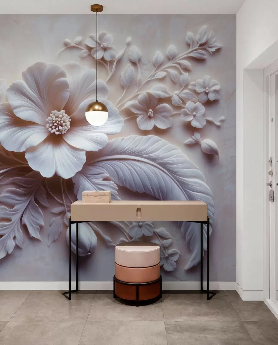 murales de pared Arte de pared en relieve 3D con plumas y flores, con una gran amapola en colores rosa claro w01340v1