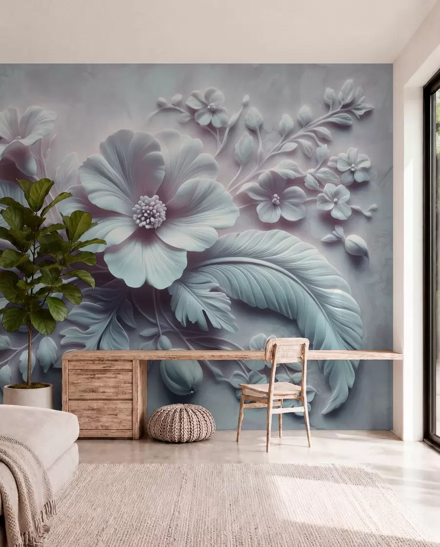 murales de pared Arte de pared en relieve 3D con plumas y flores, con una gran amapola en colores azul claro w01340v2