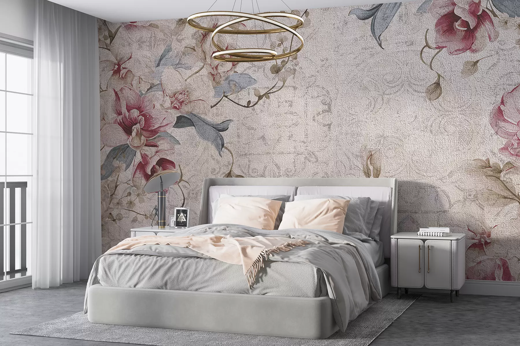 murales de pared Un patrón floral vintage con delicadas flores rosas y blancas, hojas sobre un fondo beige claro. w08149