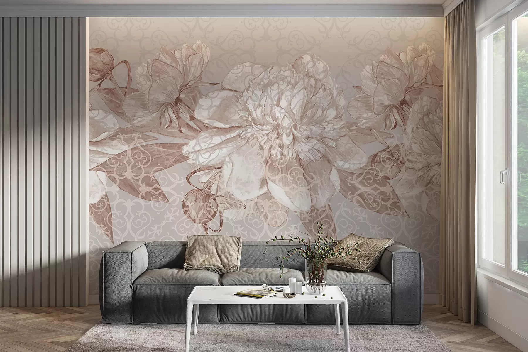 murales de pared Estampado floral con intrincados pétalos y hojas en tonos marrones y blancos sobre un fondo suave y apagado. w08151