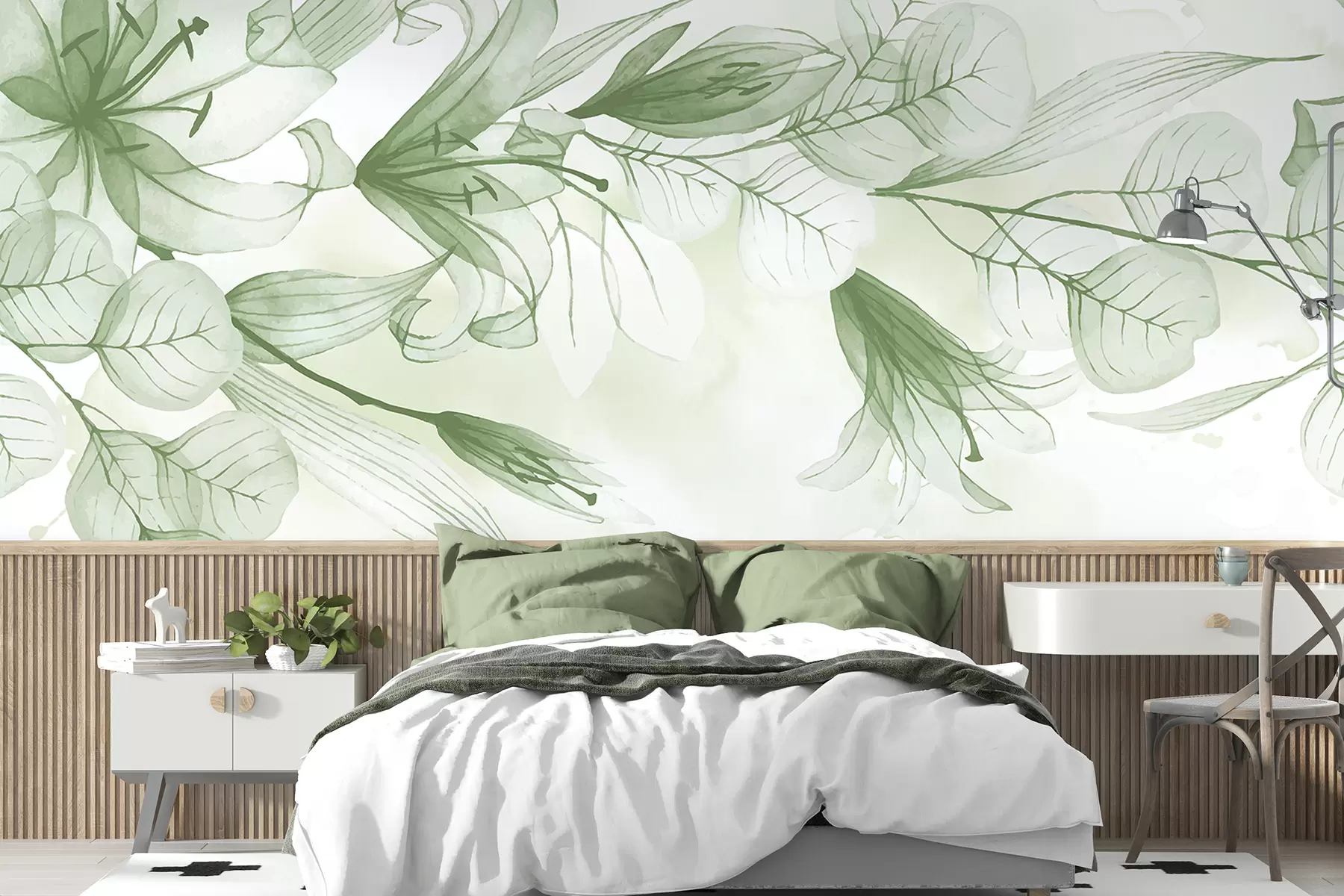 murales de pared Un delicado arreglo floral con hojas y pétalos de color verde suave y transparente. w08152