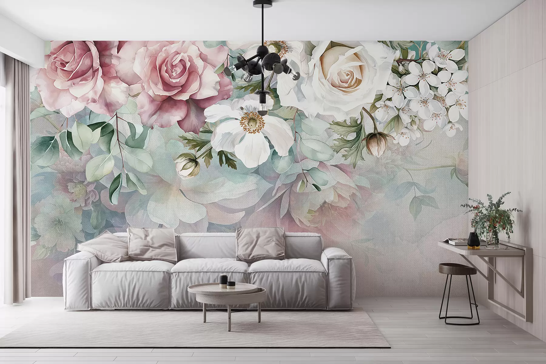 murales de pared Arreglo floral en tonos pastel suaves con rosas rosadas, flores blancas y follaje verde w08153