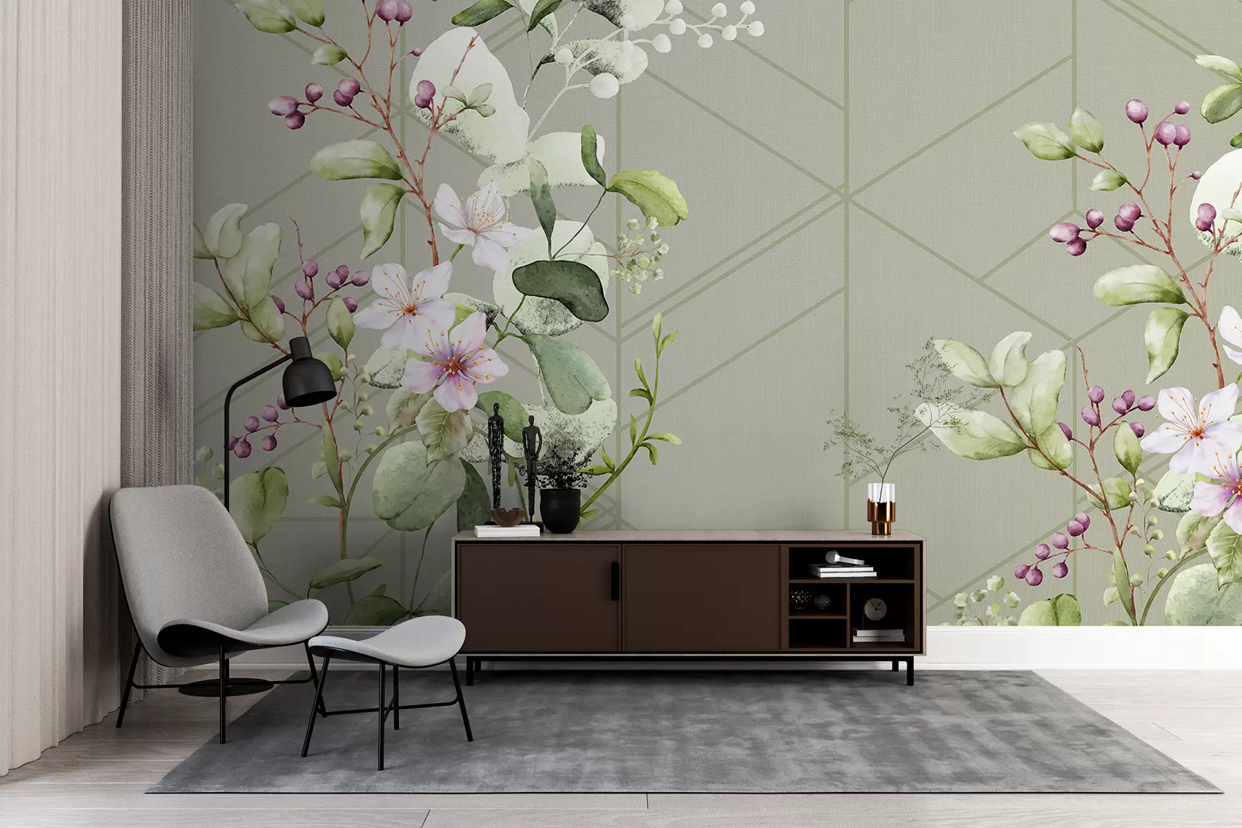 murales de pared Un ramo de flores blancas y rosas con hojas verdes sobre un fondo con estampado geométrico. w08156