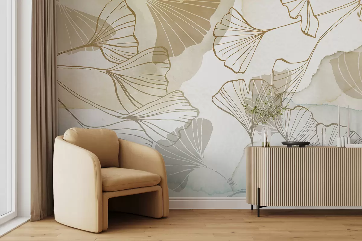 murales de pared Un patrón de delicadas hojas de ginkgo en tonos beige, tostado y azul sobre un fondo claro. w08157