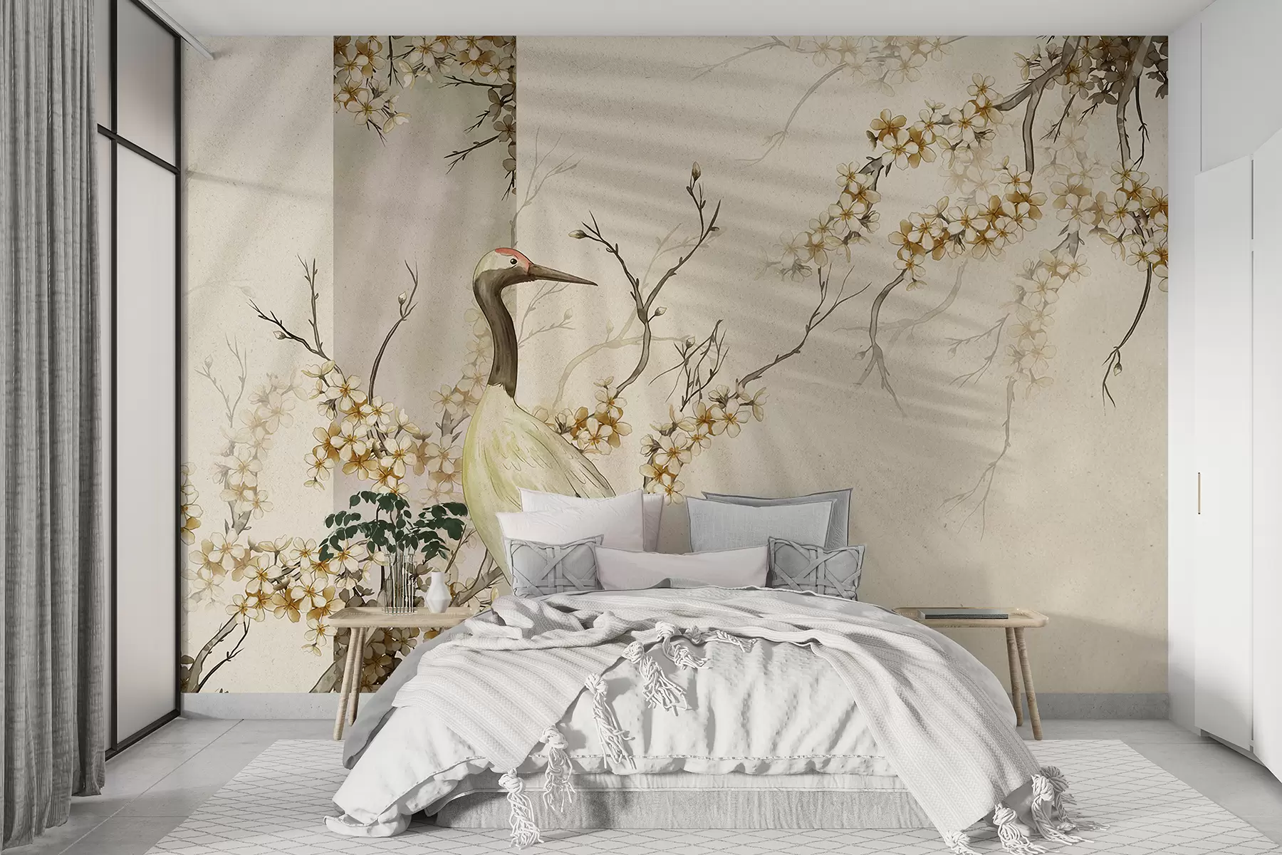 murales de pared Una grulla blanca parada sobre una rama con flores florecientes, contra un fondo suave y borroso w08159