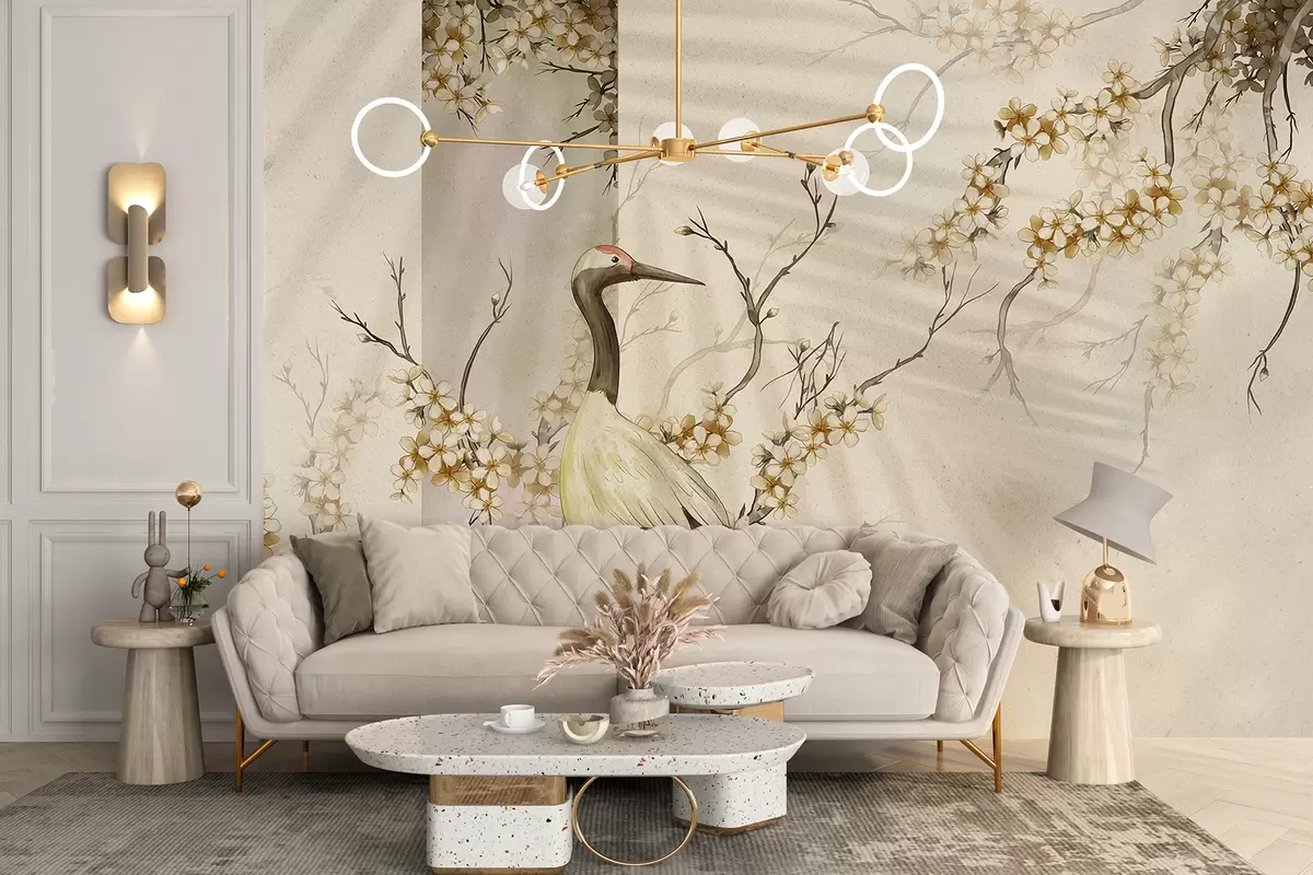 Murales de pared Una grulla blanca parada sobre una rama con flores florecientes, contra un fondo suave y borroso w08159 murales de pared Una grulla blanca parada sobre una rama con flores florecientes, contra un fondo suave y borroso w08159
