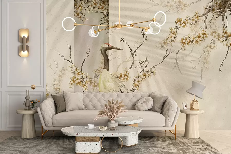 Murales de pared Una grulla blanca parada sobre una rama con flores florecientes, contra un fondo suave y borroso w08159 murales de pared Una grulla blanca parada sobre una rama con flores florecientes, contra un fondo suave y borroso w08159