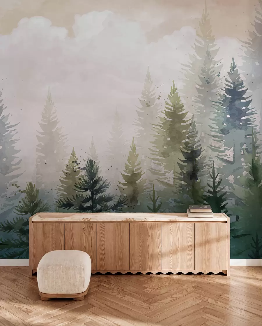 murales de pared Bosque de altos pinos de hoja perenne en un entorno brumoso y lleno de un paisaje de nubes suaves y brumosas w08160