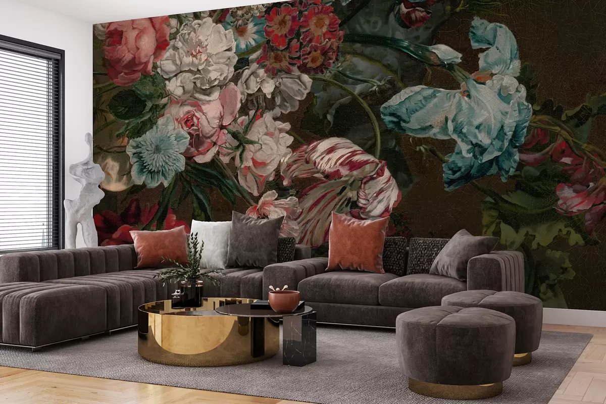 Murales de pared Flores coloridas vintage que incluyen peonías rosas, claveles rojos y lirios blancos sobre un fondo oscuro. w08163 murales de pared Flores coloridas vintage que incluyen peonías rosas, claveles rojos y lirios blancos sobre un fondo oscuro. w08163