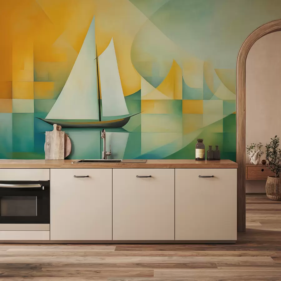 Murales de pared Velero blanco sobre fondo amarillo azul y verde en estilo cubista w00734 murales de pared Velero blanco sobre fondo amarillo azul y verde en estilo cubista w00734