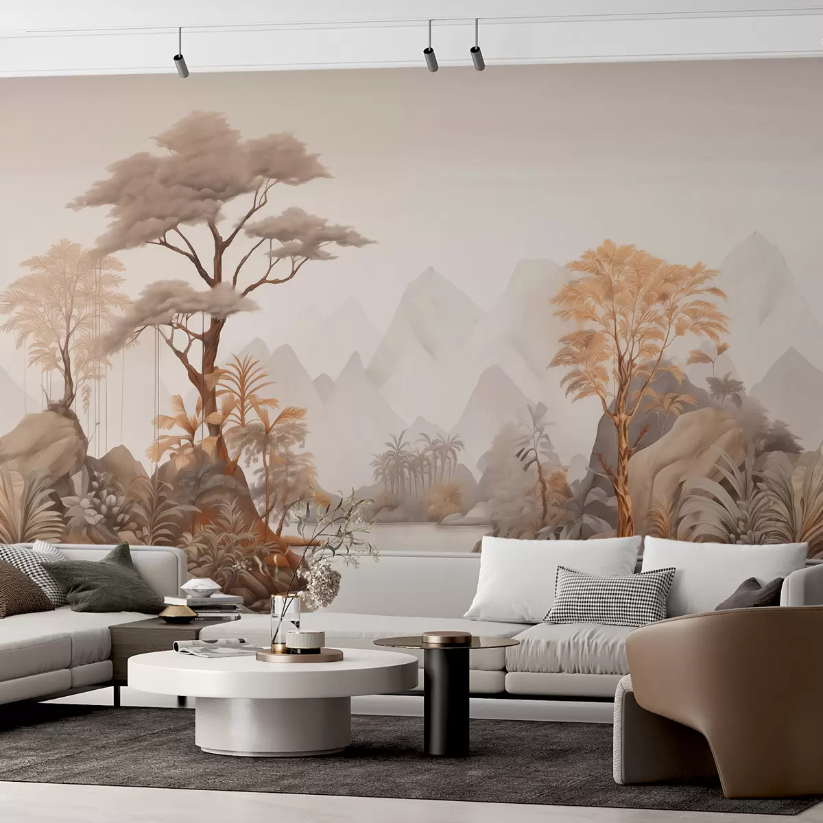 Murales de pared Paisaje vintage con árboles, palmeras junto al río con el telón de fondo de las montañas. w00741 murales de pared Paisaje vintage con árboles, palmeras junto al río con el telón de fondo de las montañas. w00741