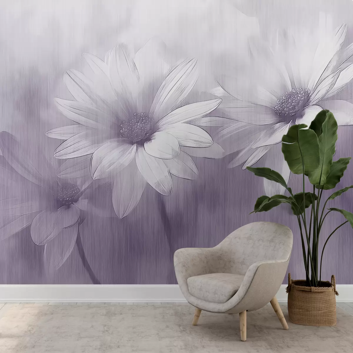 murales de pared Flores grandes sobre una pared texturizada en color morado. w01374v3