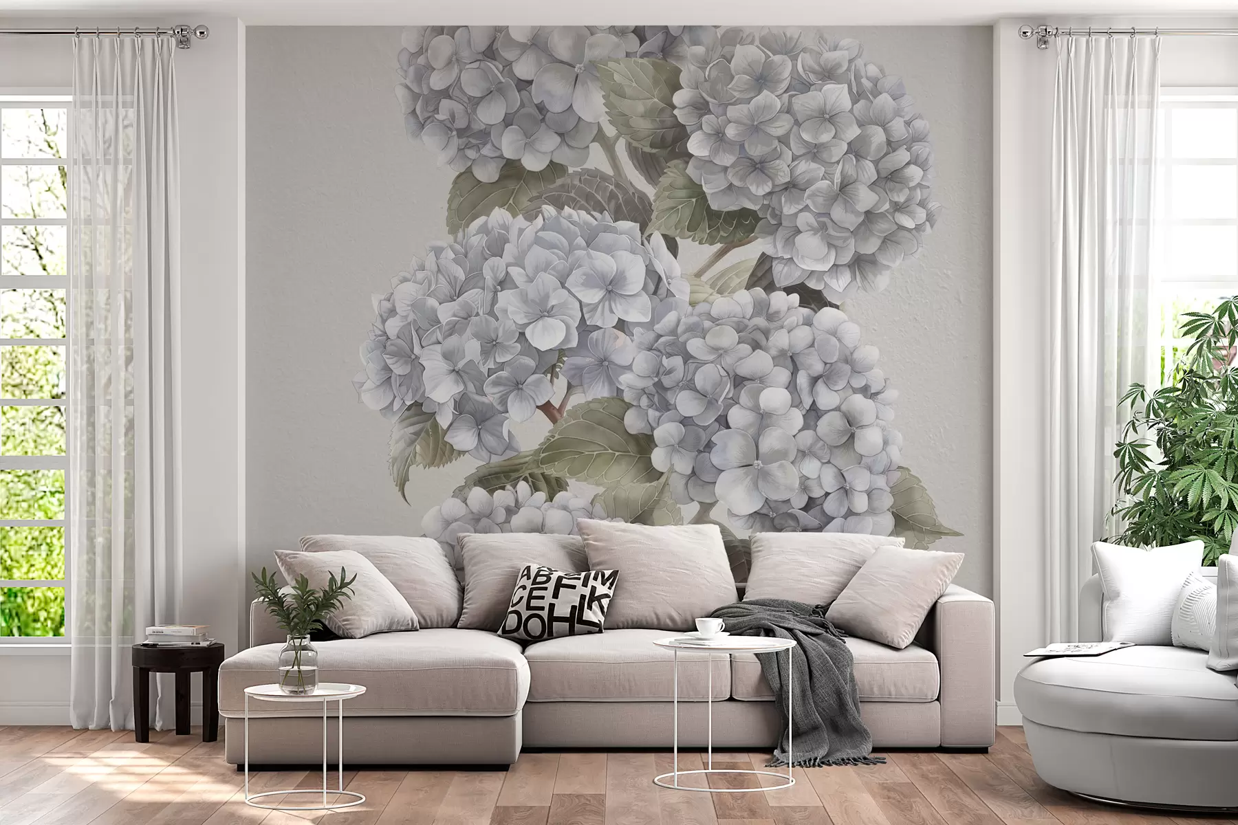 murales de pared Ramas de hortensias en suaves colores pastel w08176