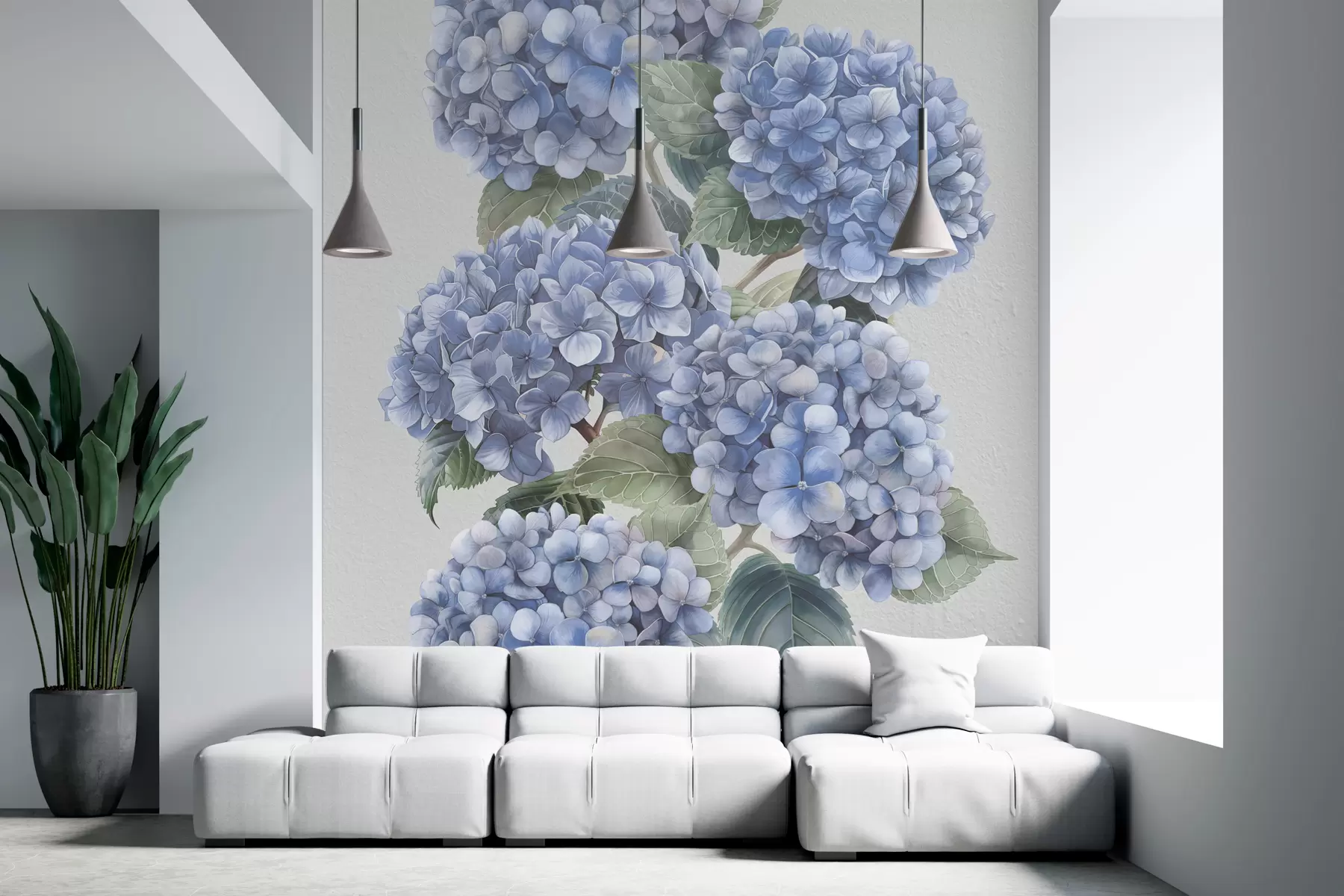 murales de pared Ramas de hortensia en suaves tonos azules. w08176v2