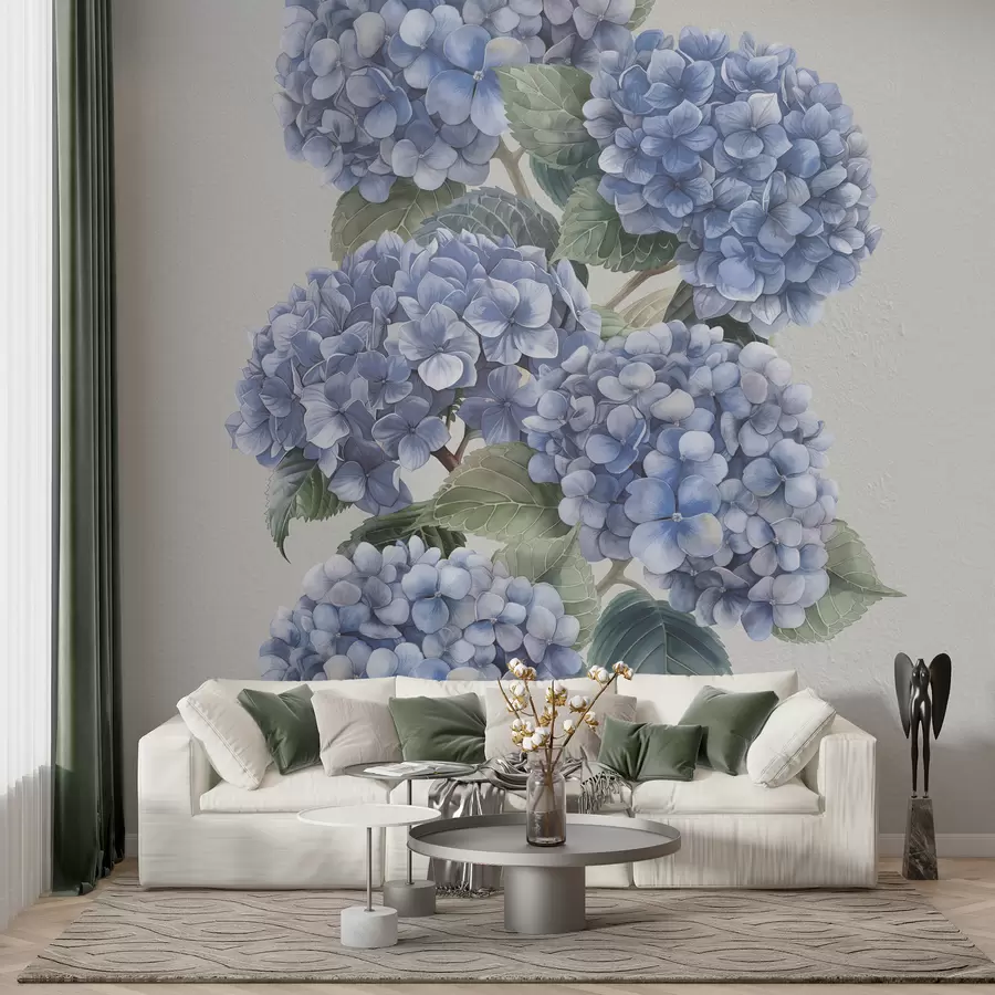 murales de pared Ramas de hortensia en suaves tonos azules w08176v2