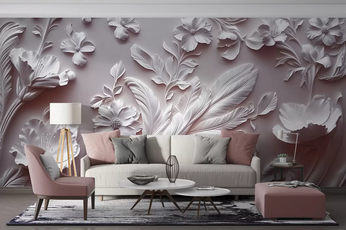 Murales de pared Exquisitas flores y hojas en relieve en tonos rosados. w01356v1 murales de pared Exquisitas flores y hojas en relieve en tonos rosados. w01356v1