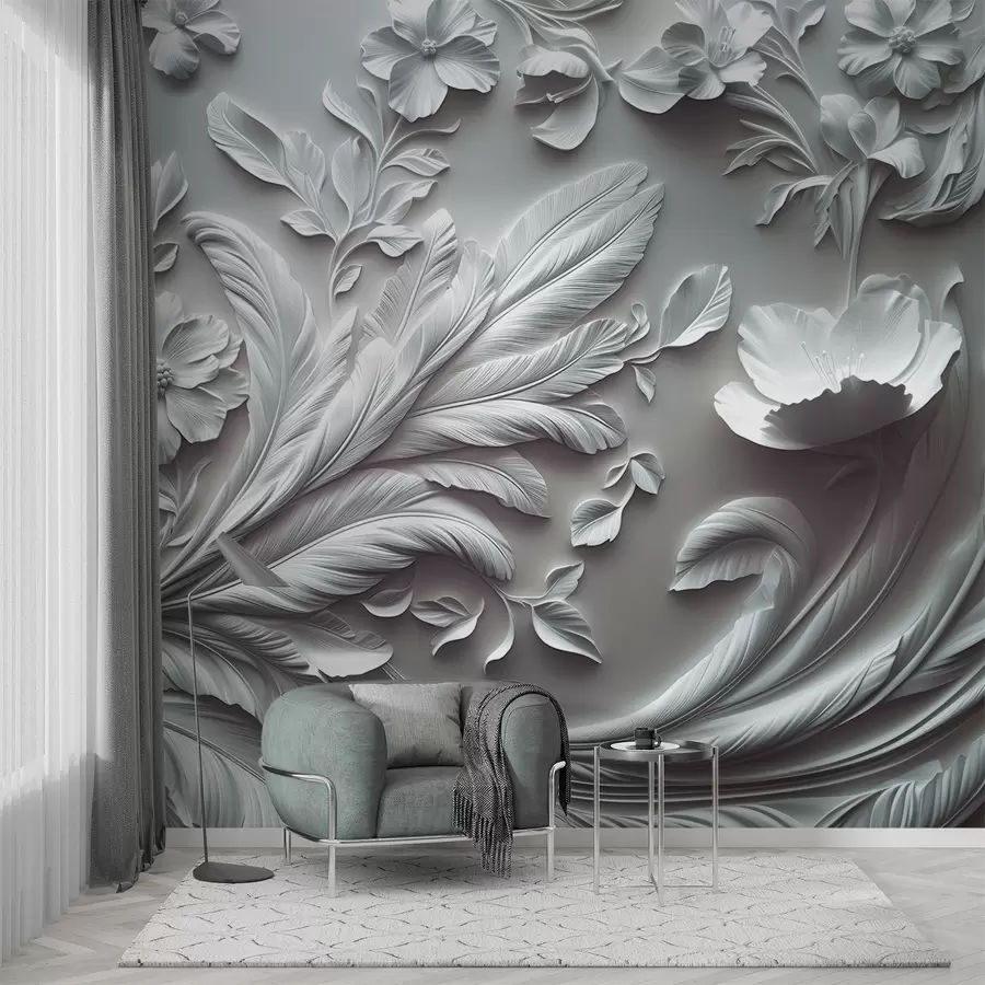 Murales de pared Exquisitas flores y hojas en relieve en tonos grises. w01356v2 murales de pared Exquisitas flores y hojas en relieve en tonos grises. w01356v2