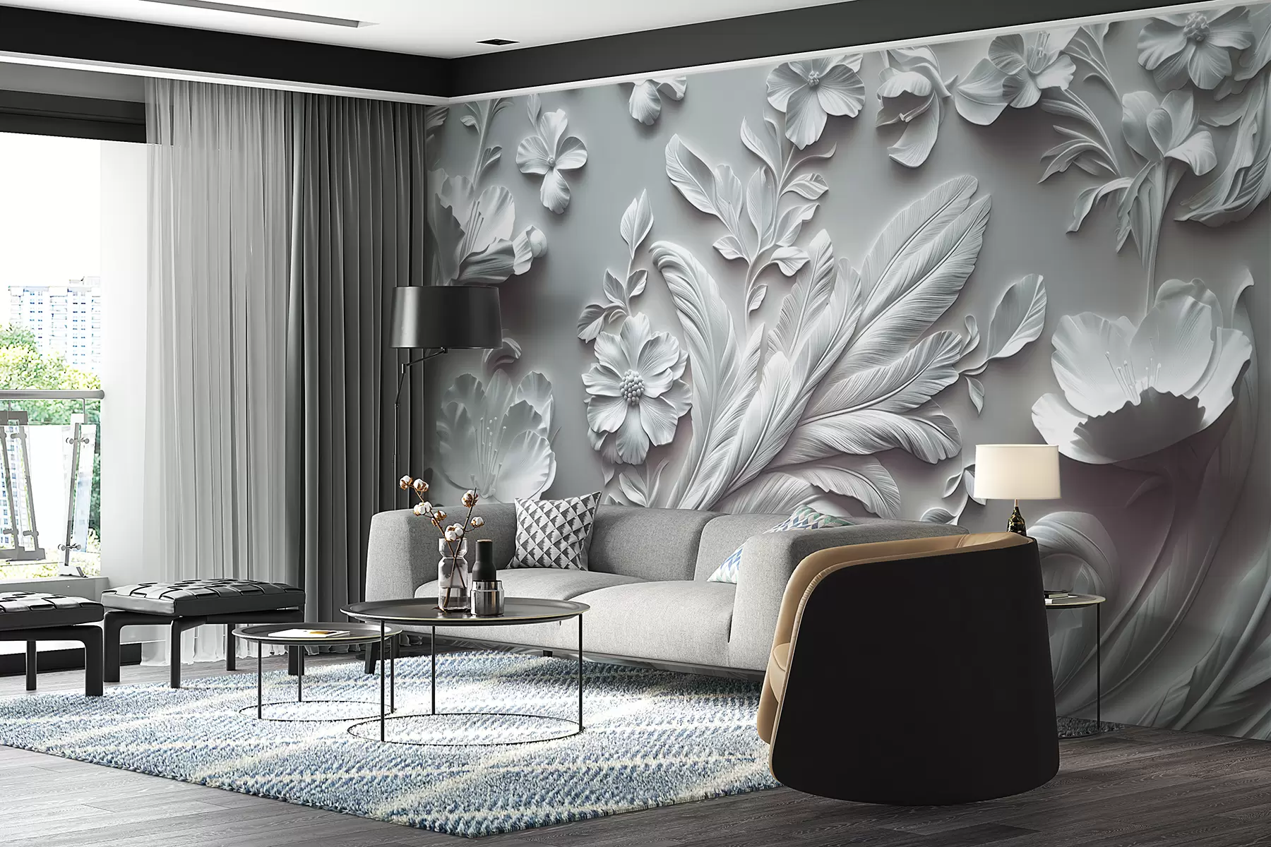 murales de pared Exquisitas flores y hojas en relieve en tonos grises. w01356v2