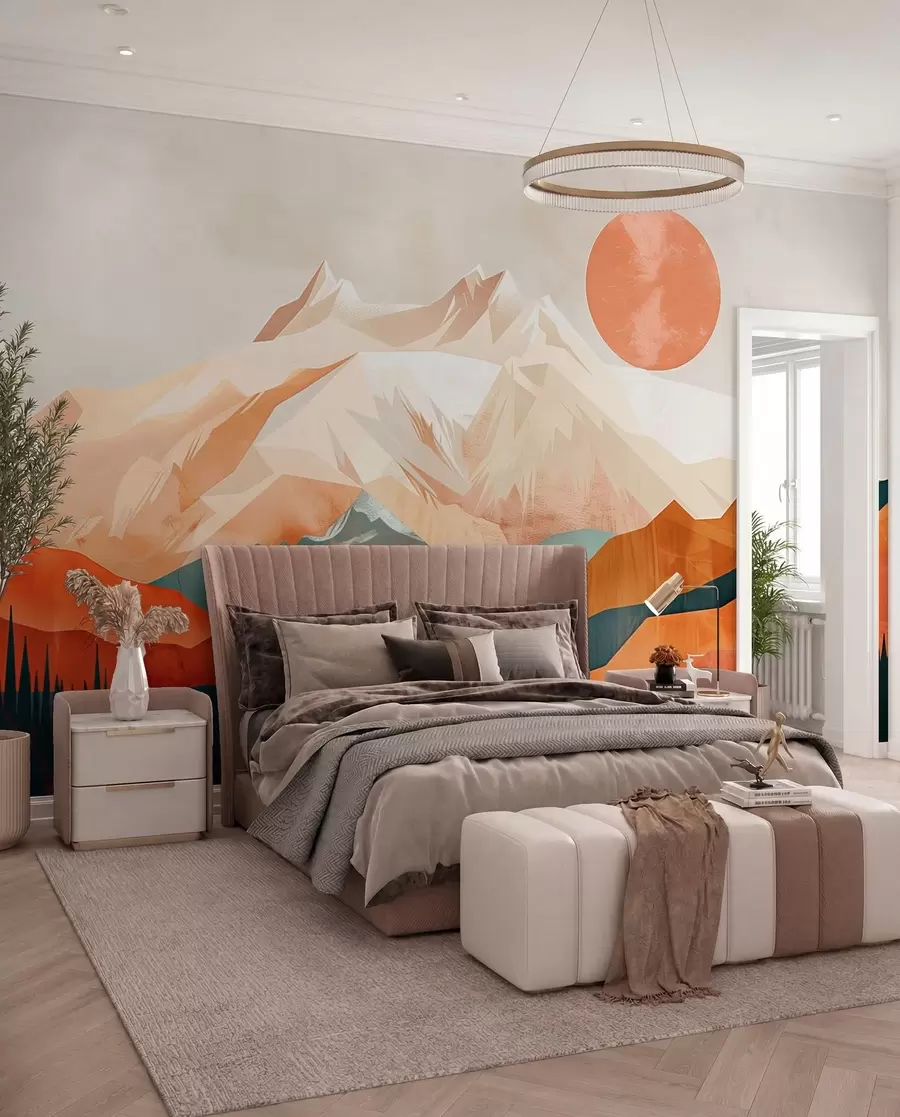 murales de pared Felicidad boho: un paisaje sereno de montañas, árboles y sol w01358