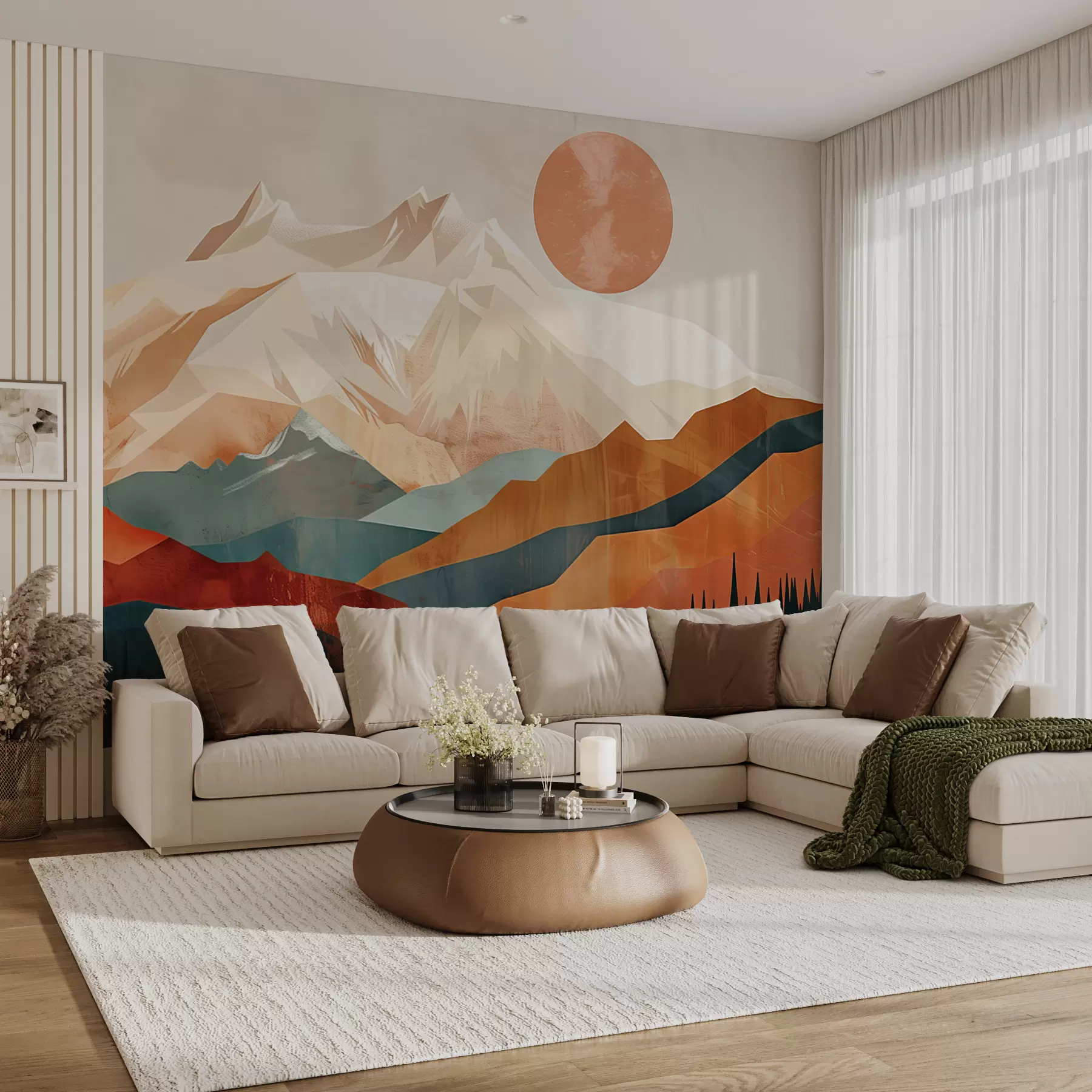 murales de pared Felicidad boho: un paisaje sereno de montañas, árboles y sol w01358