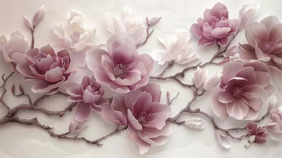murales de pared Flores de magnolia rosadas en relieve en una rama elegante w01359v2