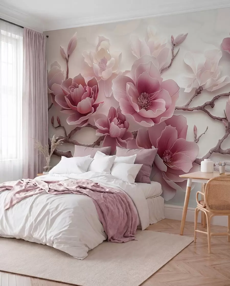 murales de pared Flores de magnolia rosadas en relieve en una rama elegante w01359v2