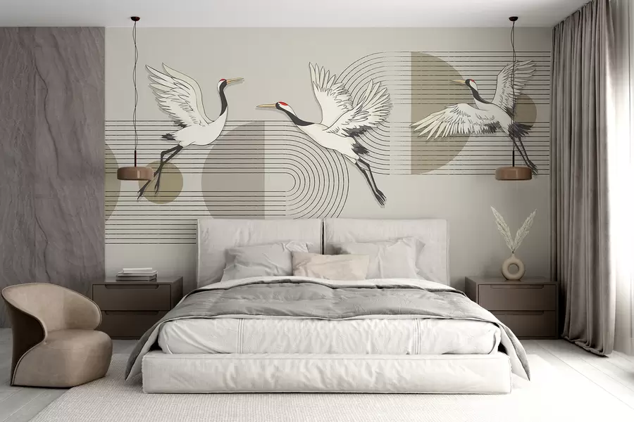 murales de pared Tres grullas blancas en vuelo sobre un fondo geométrico minimalista con círculos concéntricos w08188
