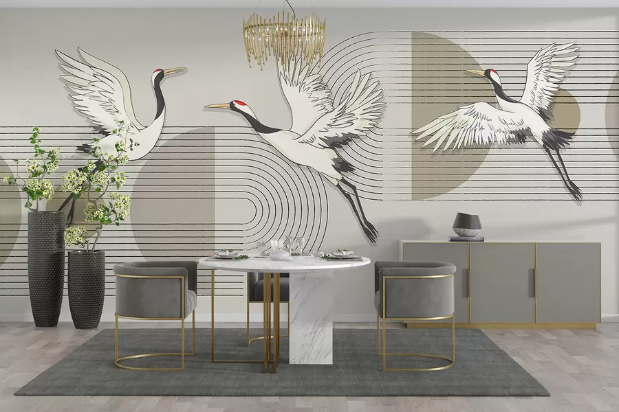 Murales de pared Tres grullas blancas en vuelo sobre un fondo geométrico minimalista con círculos concéntricos w08188 murales de pared Tres grullas blancas en vuelo sobre un fondo geométrico minimalista con círculos concéntricos w08188