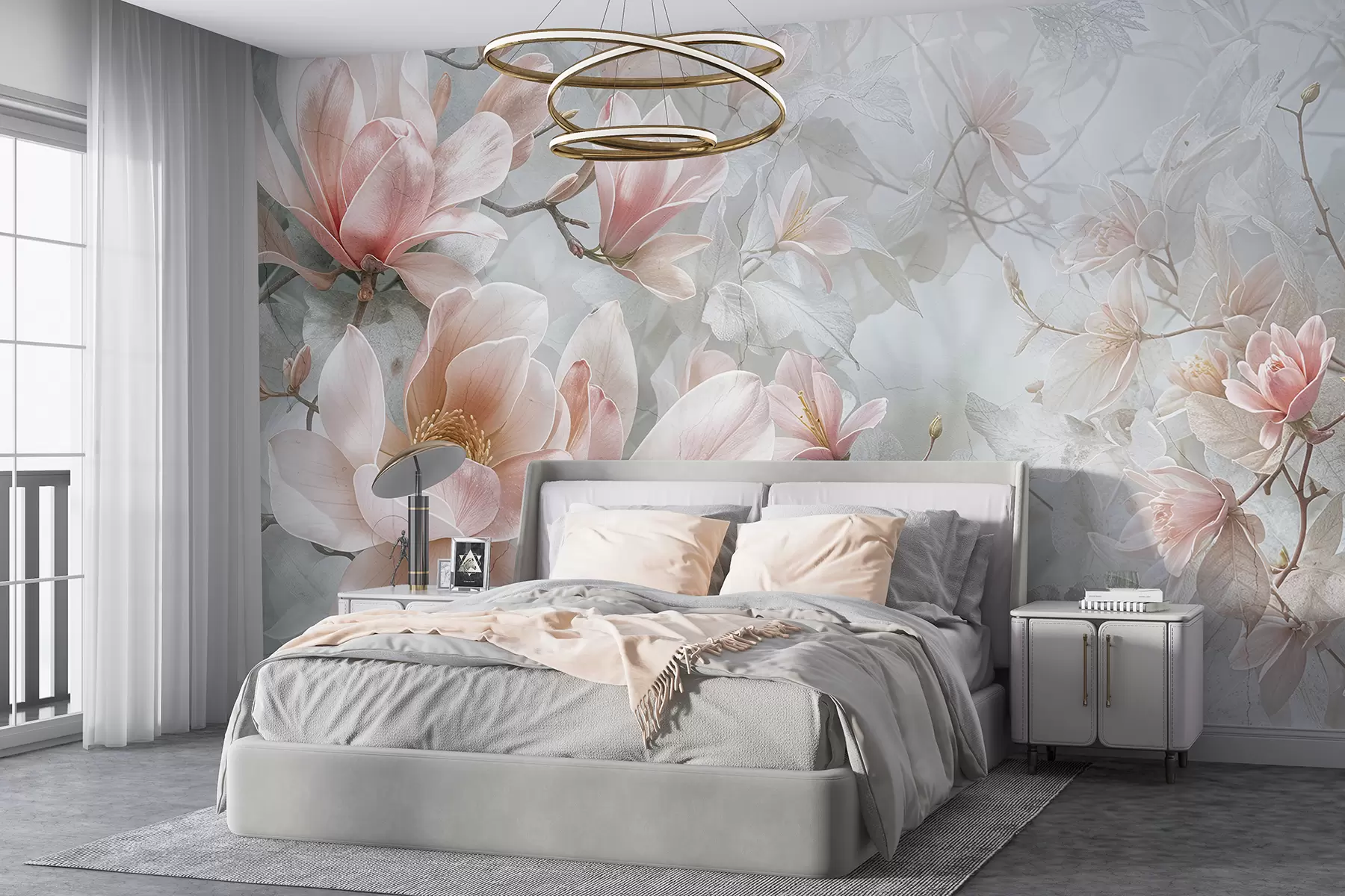 murales de pared Delicadas flores de magnolia rosa que florecen sobre un fondo floral gris suave y borroso w08192