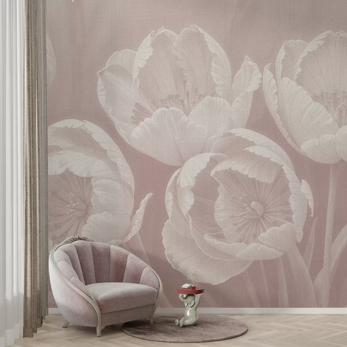 murales de pared Dibujo de tulipanes blancos con fondo beige difuminado con textura de lienzo suave, impresión monocromática minimalista w08193