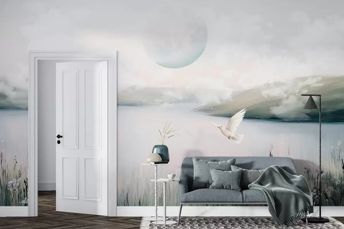 murales de pared Hermoso paisaje con lago, prado de flores, luna en el cielo, pájaros volando, nubes. w01388