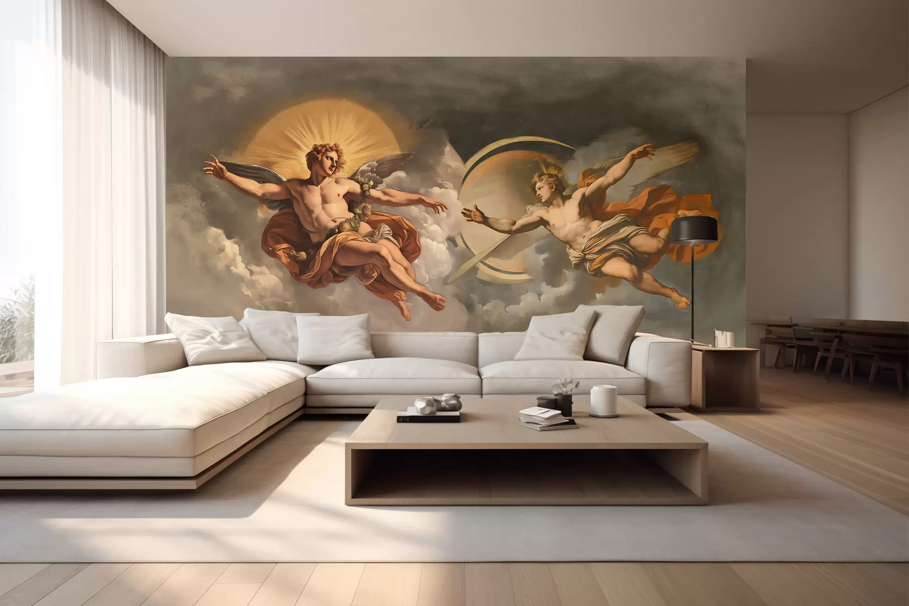 murales de pared Mural de pared al estilo de los frescos renacentistas en tonos beige y oscuros. Dos figuras masculinas de dioses que se estrechan las manos. w08137