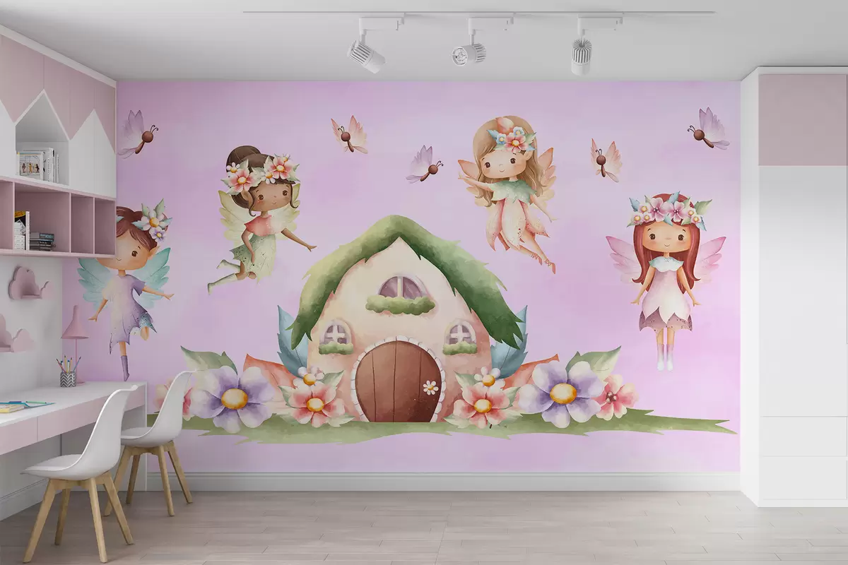 murales de pared Cabaña en el bosque y hadas sobre un fondo rosa w01380