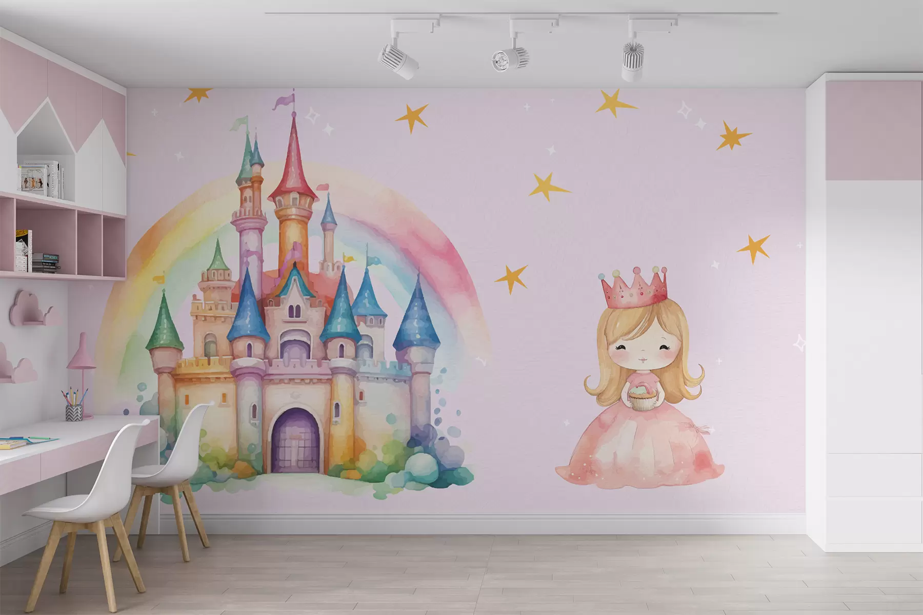 murales de pared Princesa y fantástico castillo con pinturas de acuarela w01397