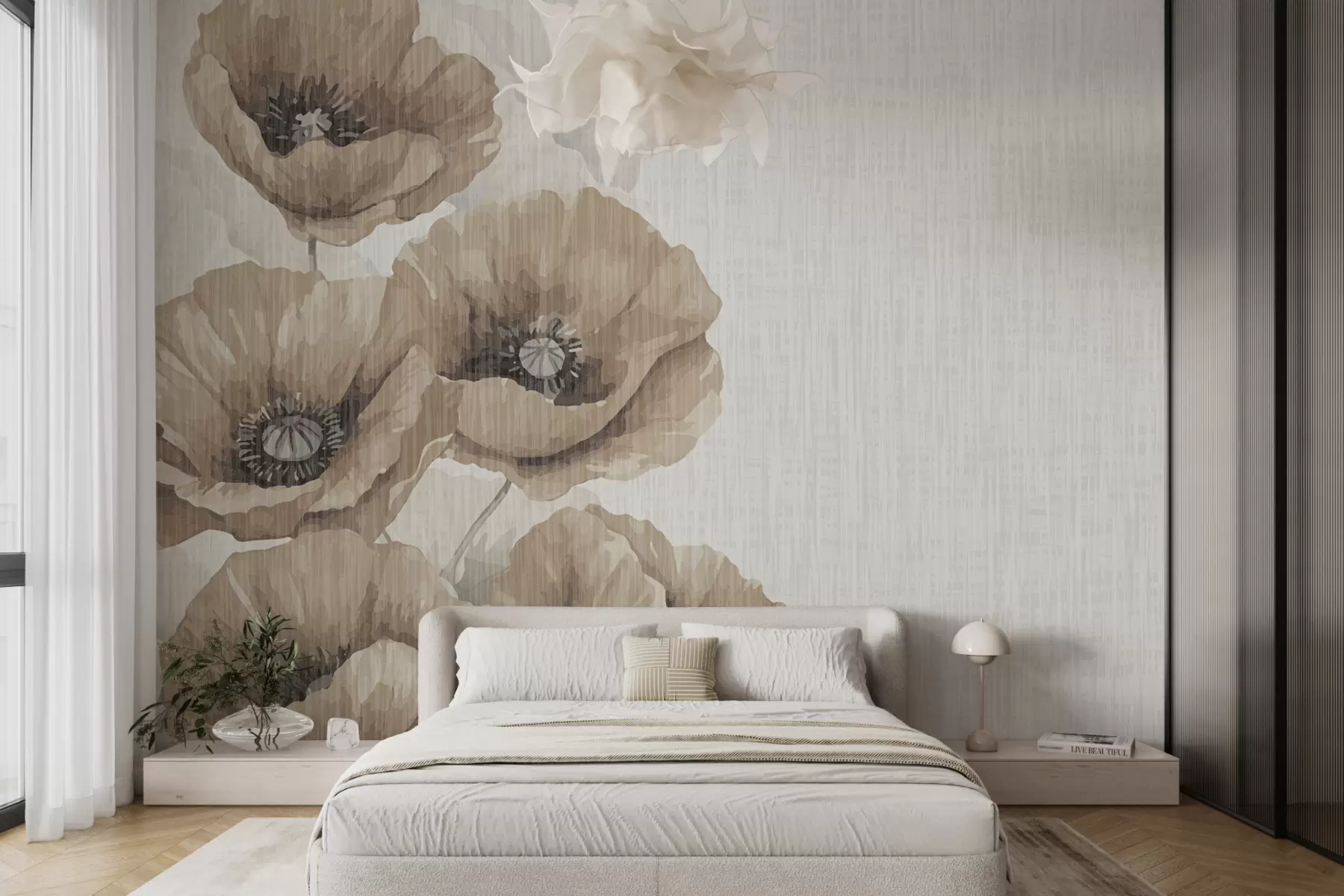 murales de pared Amapolas marrones grandes sobre un fondo claro w01400