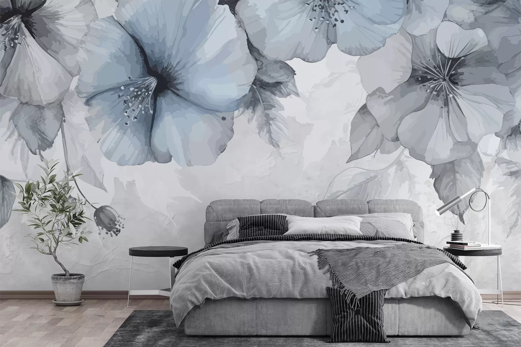 murales de pared Grandes flores de color azul grisáceo sobre un fondo de hormigón w01401