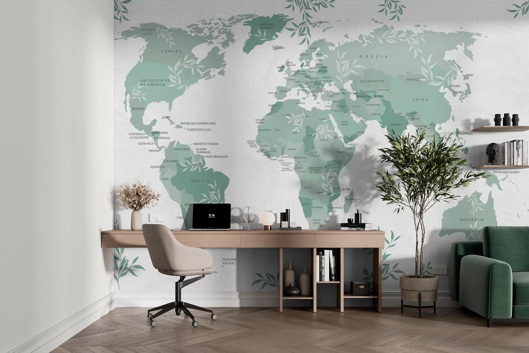 murales de pared Mapa del mundo elegante con hojas y plantas de color verde. w08211v1
