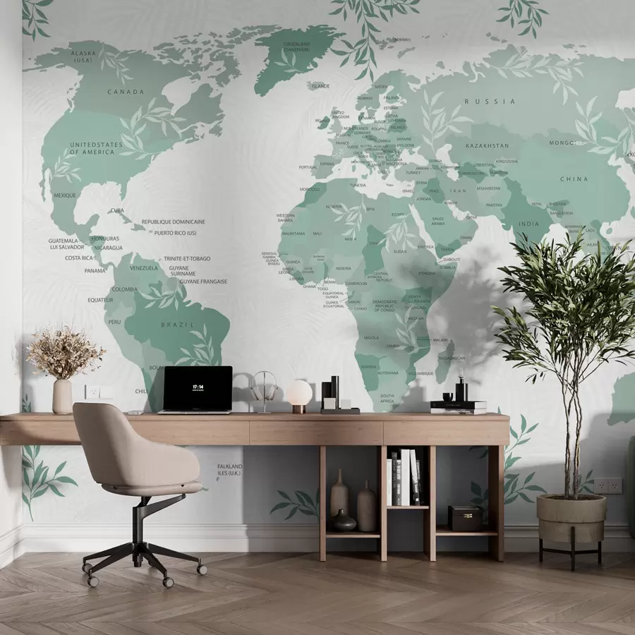 murales de pared Mapa del mundo elegante con hojas y plantas de color verde w08211v1
