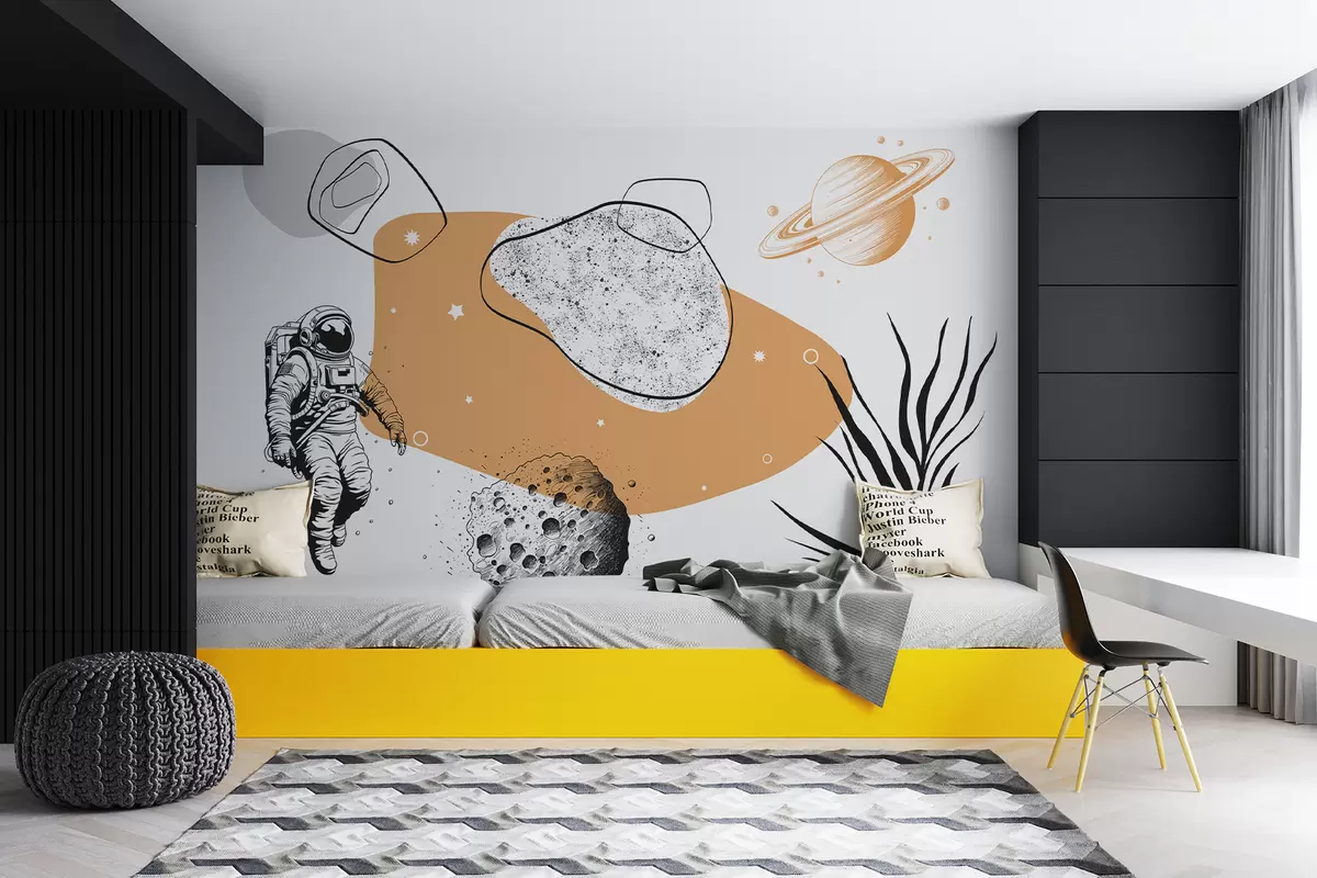 murales de pared Abstracción con astronauta, meteoritos, saturno, manchas de acuarela, color naranja y negro. w01436v1