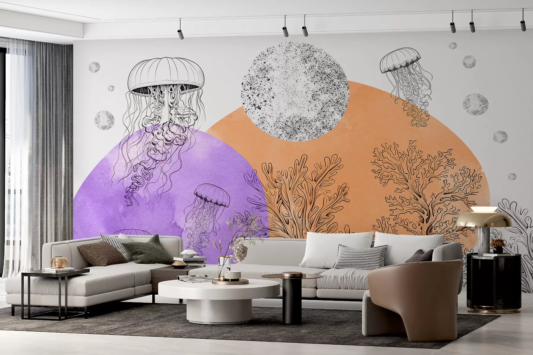 murales de pared Algas medusas, abstractas, manchas de acuarela, color morado y naranja w01437