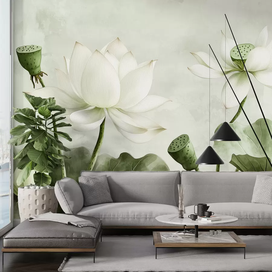 Murales de pared Flores de loto, acuarela, naturaleza, composición floral, hojas grandes, colores verdes suaves. w01445v2 murales de pared Flores de loto, acuarela, naturaleza, composición floral, hojas grandes, colores verdes suaves. w01445v2