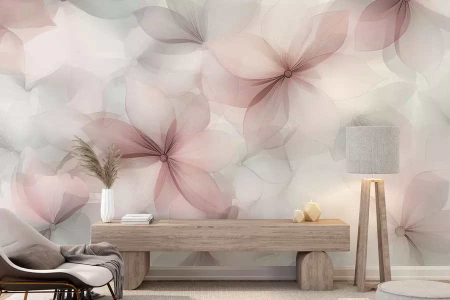 murales de pared Composición floral, colores suaves rosa y gris, patrón de flores w01446v1