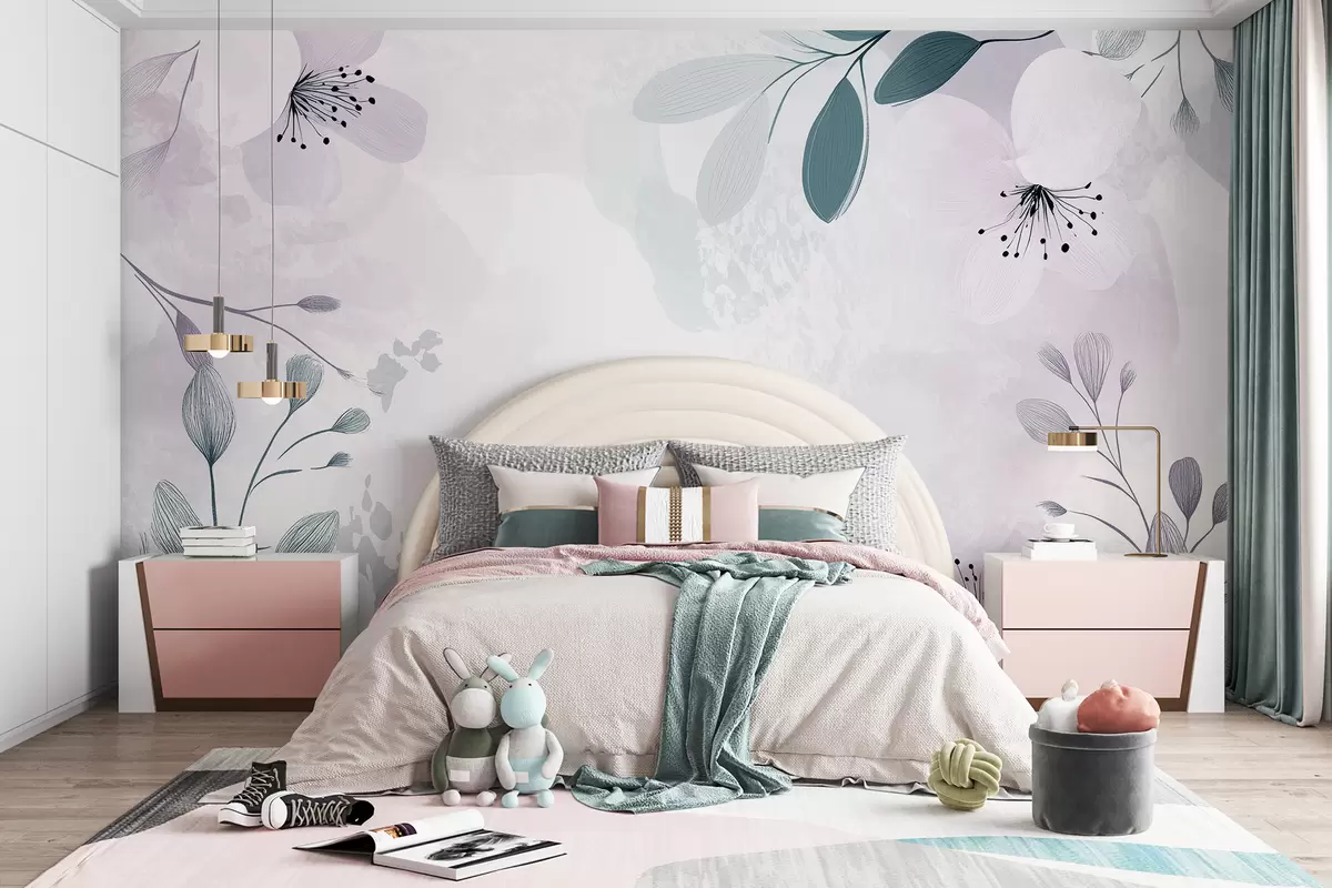 murales de pared Dibujo floral abstracto, naturaleza, flores grandes, pastel suave, paleta de colores violeta  w01451