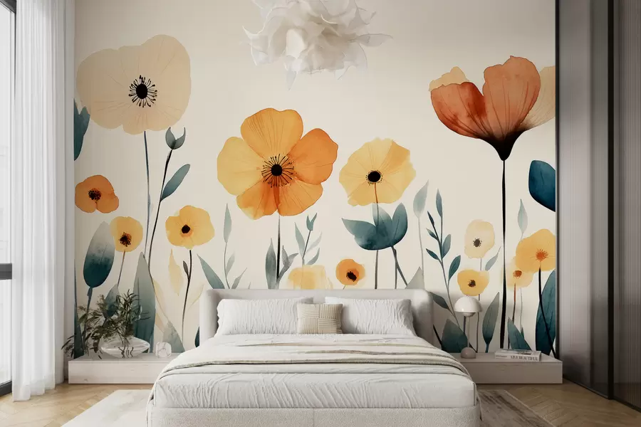 murales de pared Acuarela de flores de prado, rústica, composición floral, dibujo sencillo, beige, naranja, azul  w01453