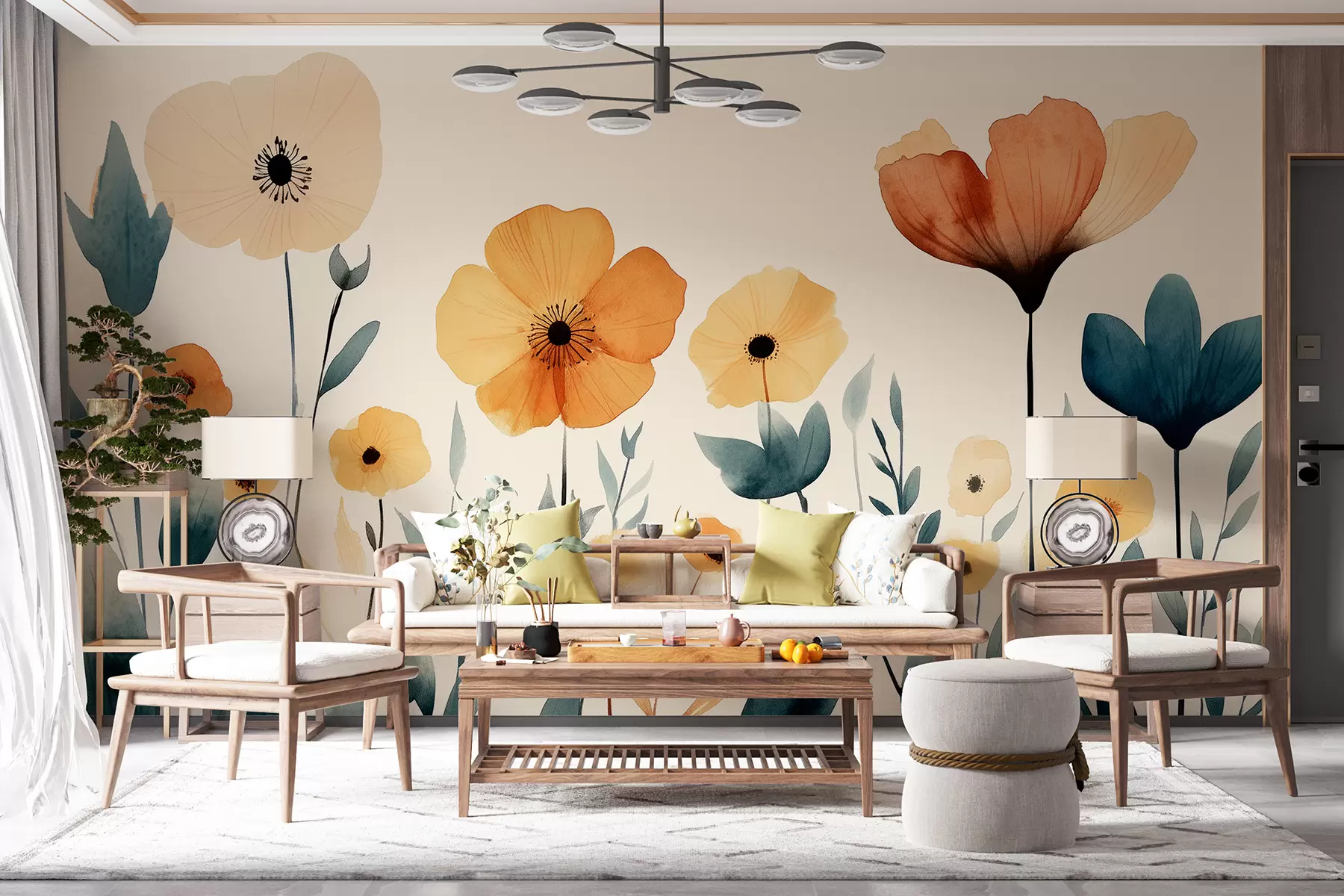 murales de pared Acuarela de flores de prado, rústica, composición floral, dibujo sencillo, beige, naranja, azul  w01453
