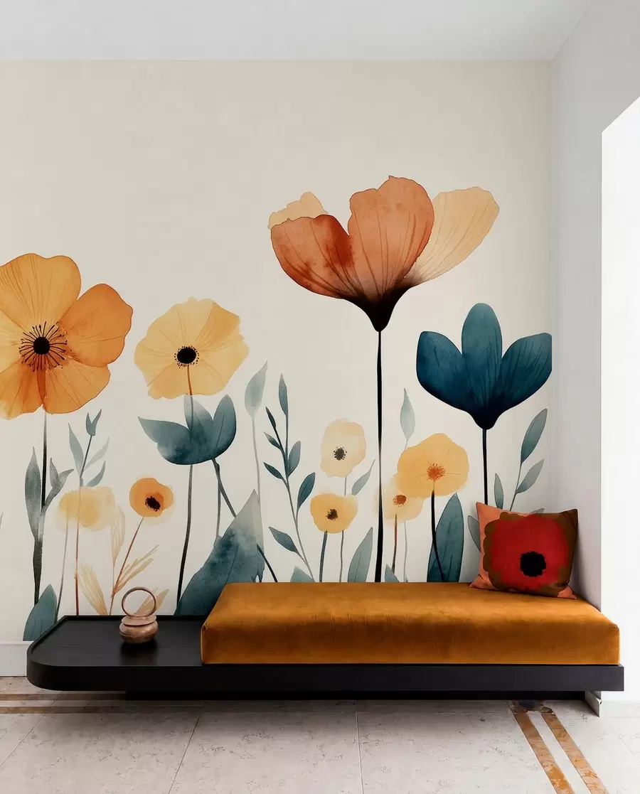 murales de pared Acuarela de flores de prado, rústica, composición floral, dibujo sencillo, beige, naranja, azul  w01453