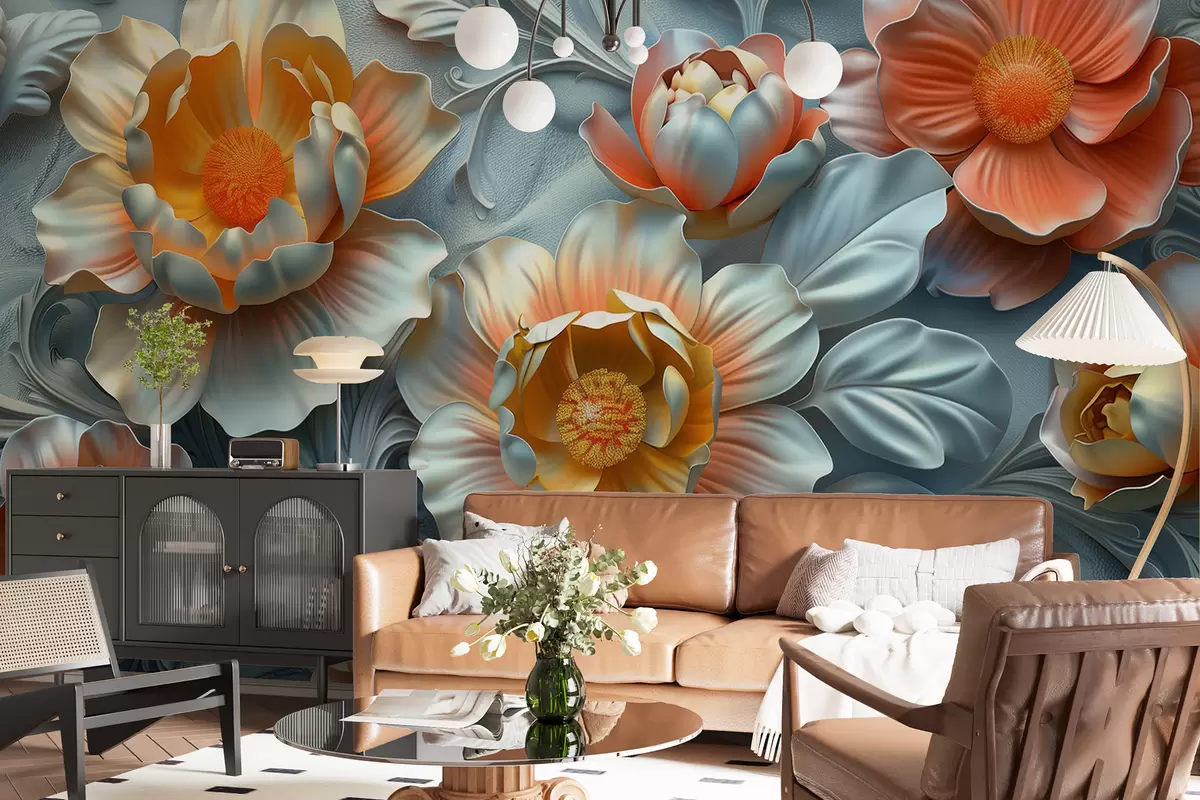 Murales de pared Ilustración 3D de flores abstractas brillantes en estilo barroco sobre un fondo vegetal w01427 murales de pared Ilustración 3D de flores abstractas brillantes en estilo barroco sobre un fondo vegetal w01427