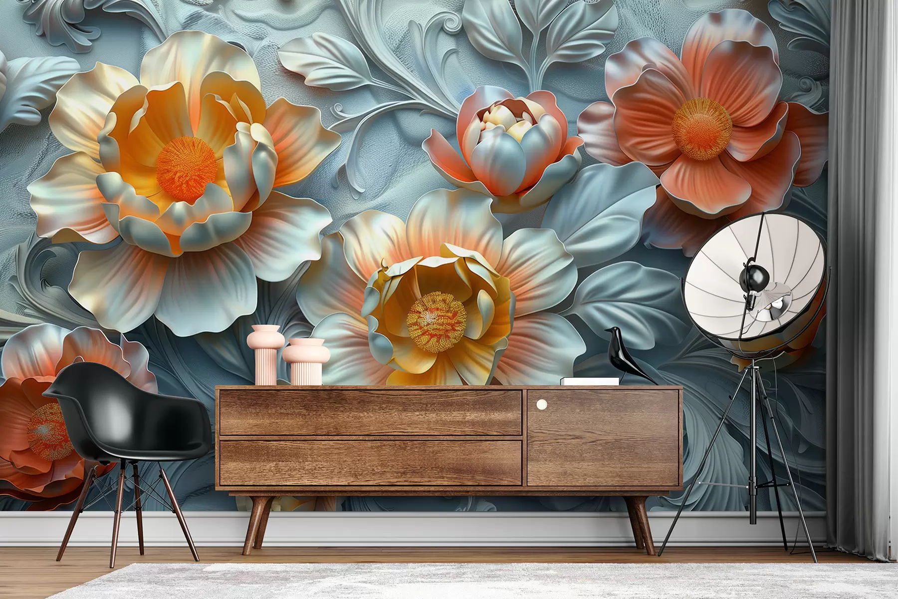 murales de pared Ilustración 3D de flores abstractas brillantes en estilo barroco sobre un fondo vegetal w01427